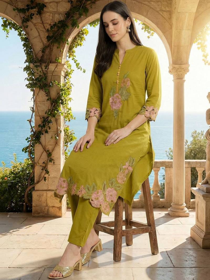 Women Floral Embroidered Thread Work Cotton Kurta with Trousers