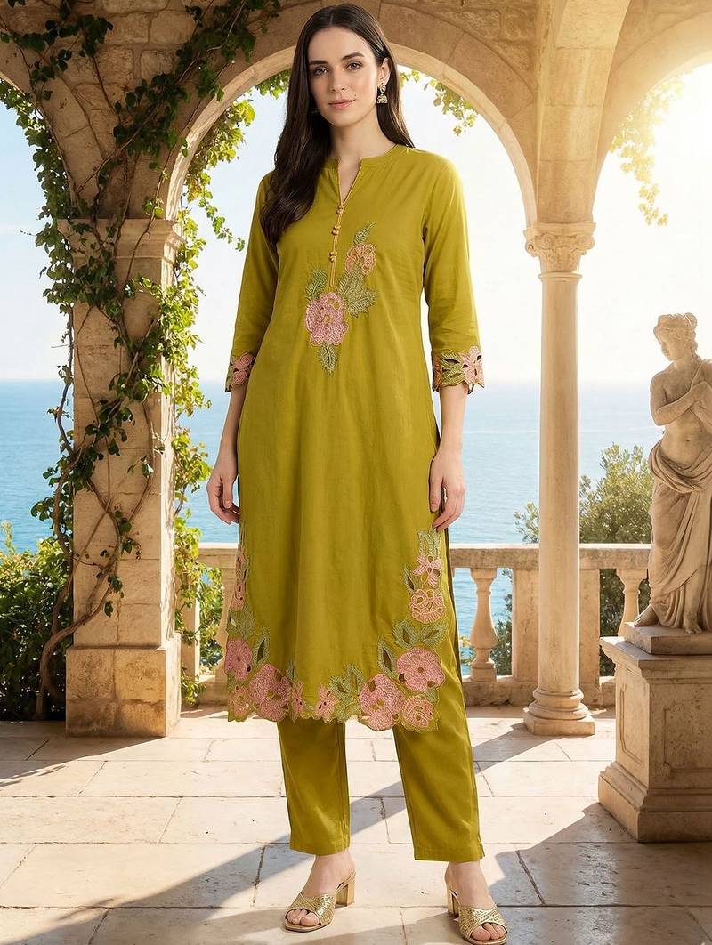 Women Floral Embroidered Thread Work Cotton Kurta with Trousers