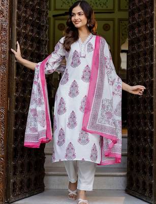 Women Floral Printed Cotton Kurta with Trousers & With Dupatta 2