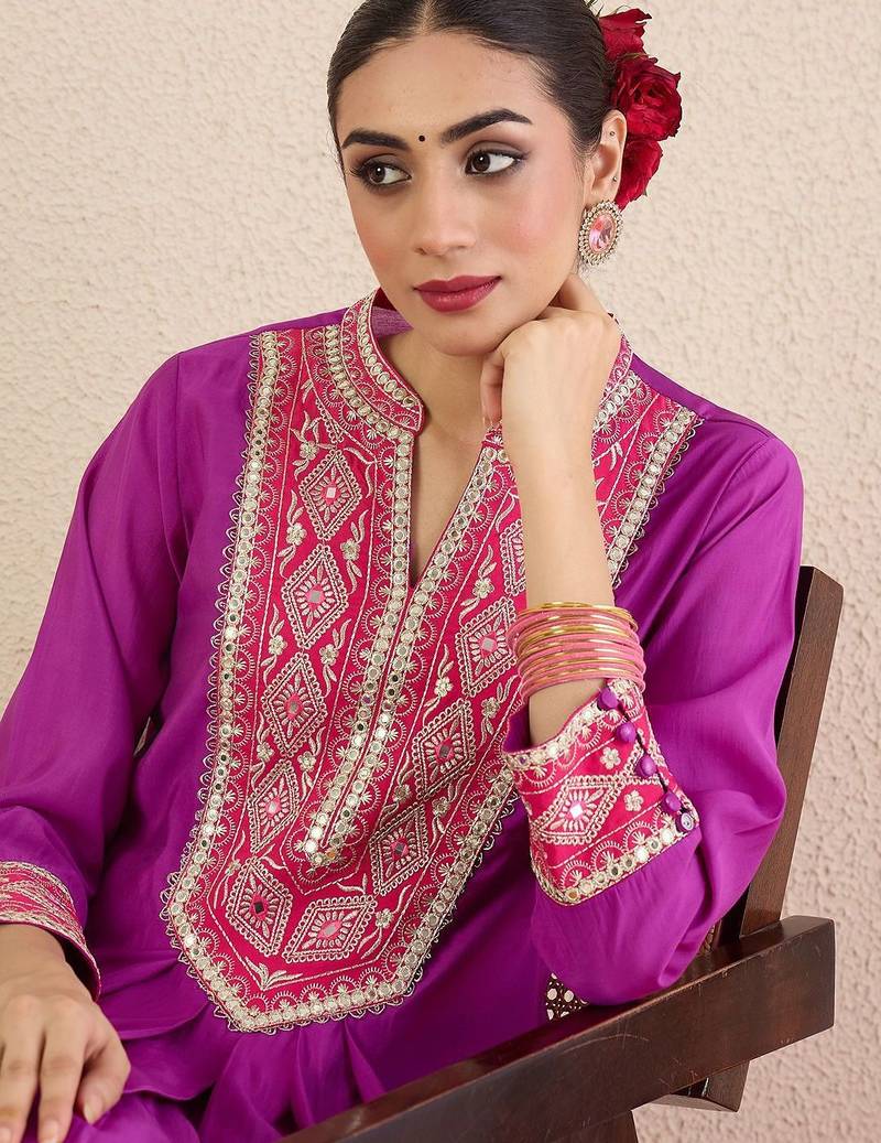 Women Solid Embroidered Kurta with Pyjama