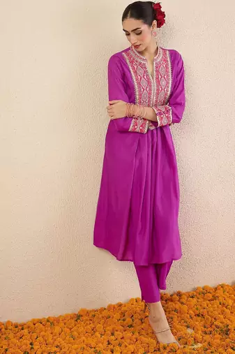 Women Solid Embroidered Kurta with Pyjama