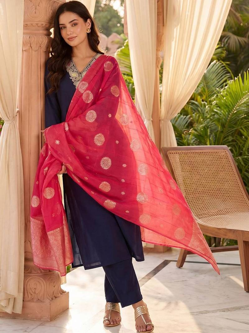 Women Ethnic Motifs Embroidered Thread Work Kurta with Trousers & With Dupatta