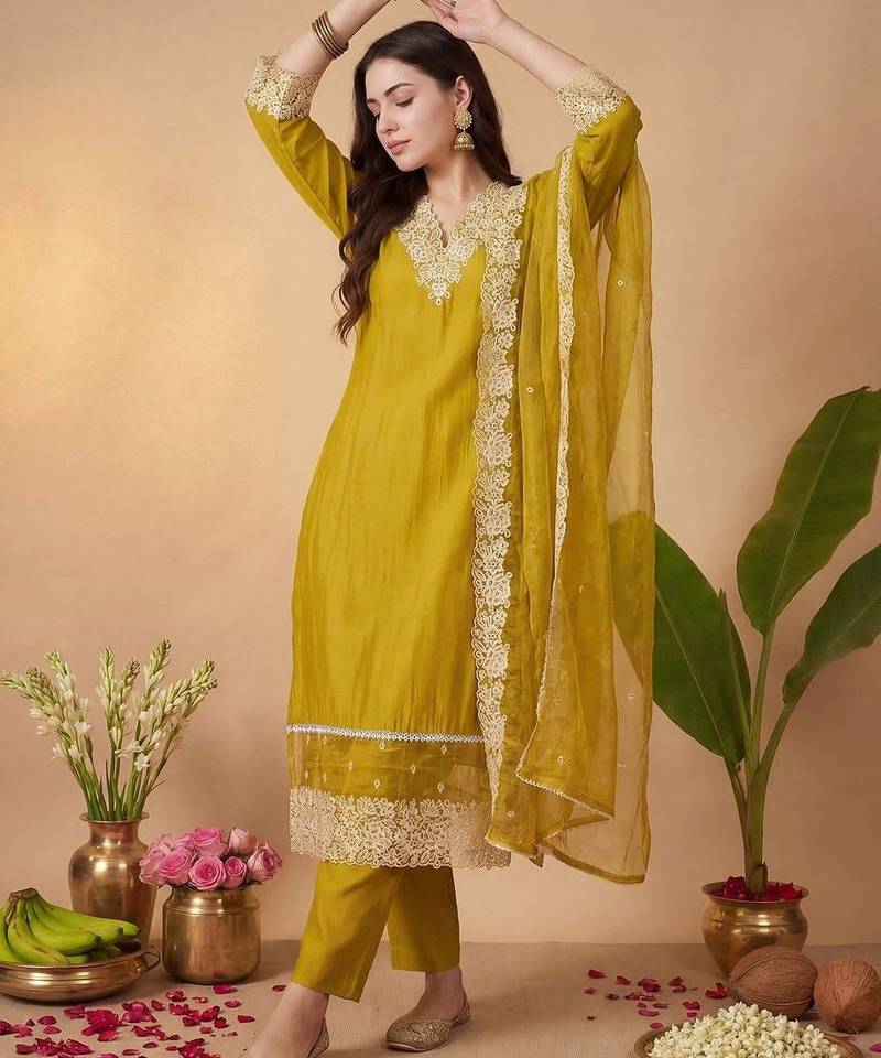 Women Floral Embroidered Thread Work Kurta with Trousers & With Dupatta