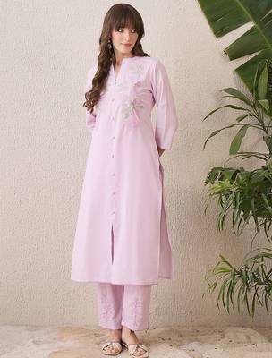 Floral Embroidered Mandarin Collar Thread Work Cotton Kurta & Trouser 1