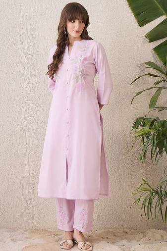 Floral Embroidered Mandarin Collar Thread Work Cotton Kurta & Trouser