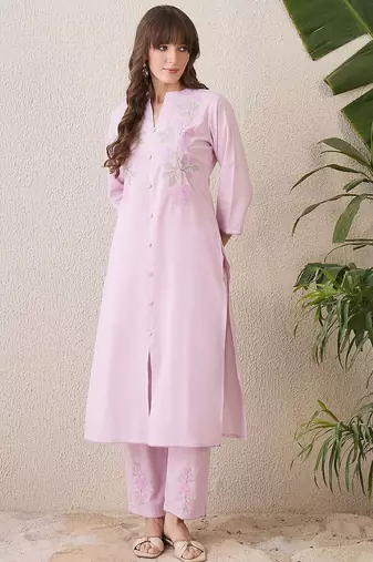 Floral Embroidered Mandarin Collar Thread Work Cotton Kurta & Trouser