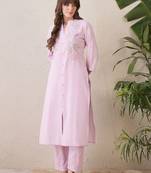 Floral Embroidered Mandarin Collar Thread Work Cotton Kurta & Trouser
