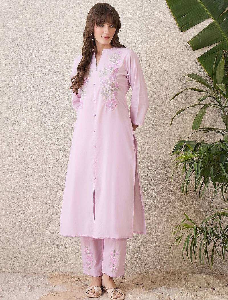 Floral Embroidered Mandarin Collar Thread Work Cotton Kurta & Trouser