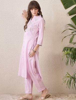 Floral Embroidered Mandarin Collar Thread Work Cotton Kurta & Trouser 3