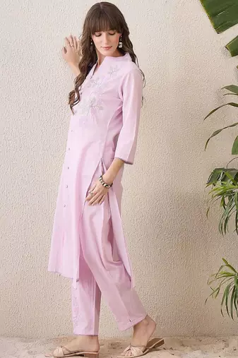 Floral Embroidered Mandarin Collar Thread Work Cotton Kurta & Trouser