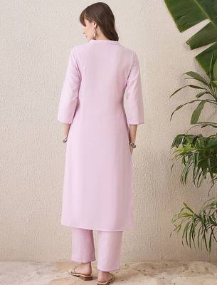 Floral Embroidered Mandarin Collar Thread Work Cotton Kurta & Trouser 4