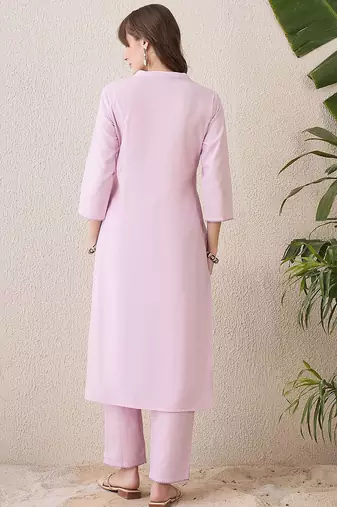 Floral Embroidered Mandarin Collar Thread Work Cotton Kurta & Trouser