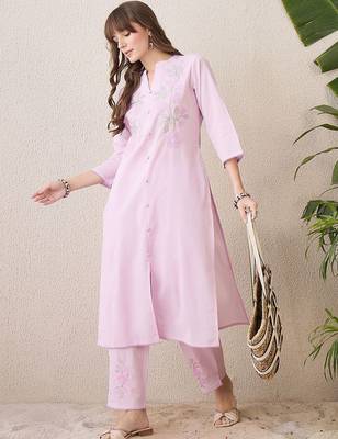 Floral Embroidered Mandarin Collar Thread Work Cotton Kurta & Trouser 5