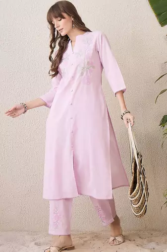 Floral Embroidered Mandarin Collar Thread Work Cotton Kurta & Trouser