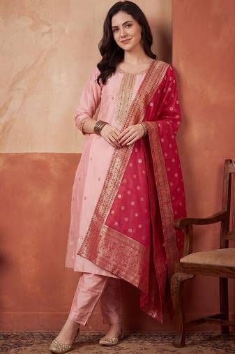 Women Ethnic Motifs Embroidered Kurta with Trousers & With Dupatta