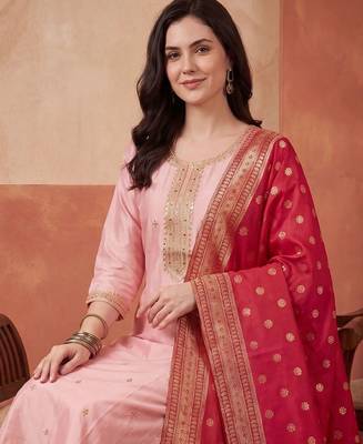 Women Ethnic Motifs Embroidered Kurta with Trousers & With Dupatta 5
