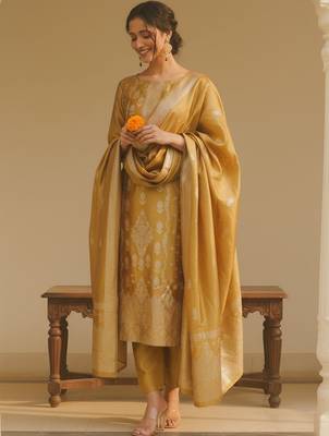 Ethnic Motifs Woven Design Straight Kurta With Trousers & Dupatta 1