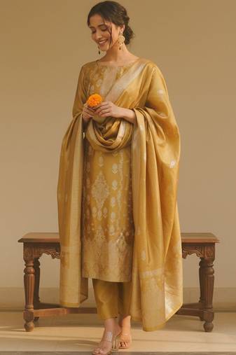 Ethnic Motifs Woven Design Straight Kurta With Trousers & Dupatta