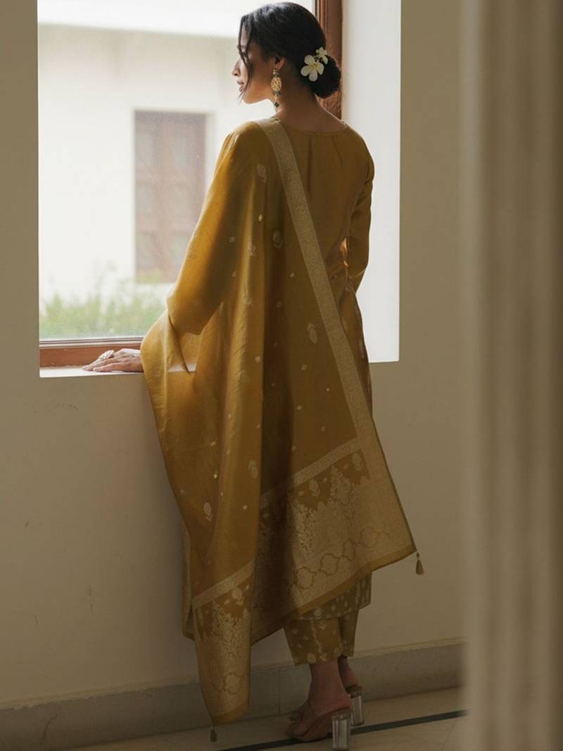Ethnic Motifs Woven Design Straight Kurta With Trousers & Dupatta