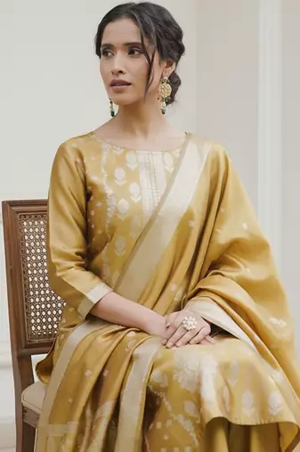 Ethnic Motifs Woven Design Straight Kurta With Trousers & Dupatta