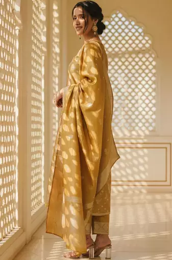 Ethnic Motifs Woven Design Straight Kurta With Trousers & Dupatta