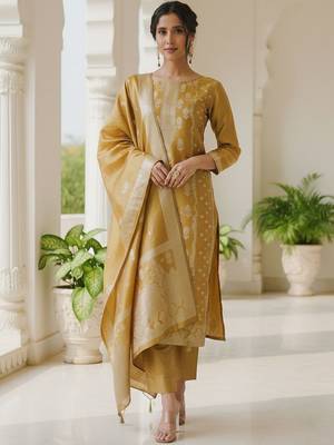 Ethnic Motifs Woven Design Straight Kurta With Trousers & Dupatta 7