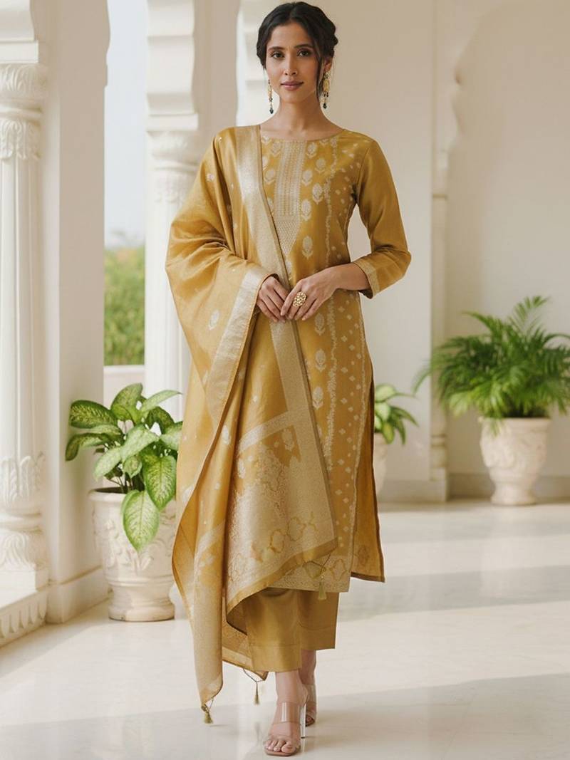 Ethnic Motifs Woven Design Straight Kurta With Trousers & Dupatta
