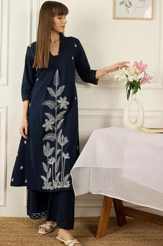 Floral Printed Thread Work Cotton Kurta With Palazzos