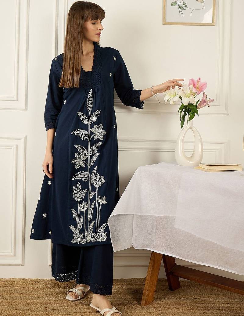 Floral Printed Thread Work Cotton Kurta With Palazzos