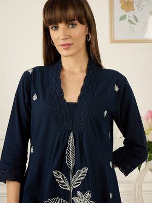Floral Printed Thread Work Cotton Kurta With Palazzos 2