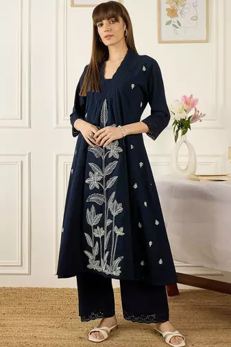 Floral Printed Thread Work Cotton Kurta With Palazzos