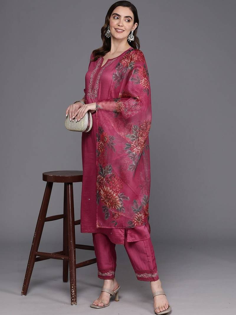 Women Ethnic Motifs Embroidered Thread Work Kurta with Trousers & With Dupatta