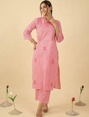 Checked V Neck Thread Work Cotton Straight Kurta With Trousers 2