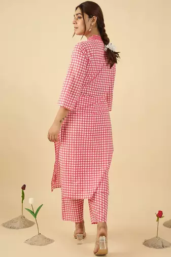 Checked V Neck Thread Work Cotton Straight Kurta With Trousers