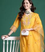 Floral Embroidered Thread Work Kurta with Trousers & With Dupatta