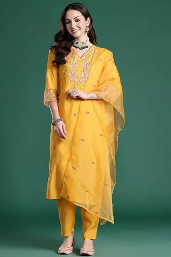Floral Embroidered Thread Work Kurta with Trousers & With Dupatta