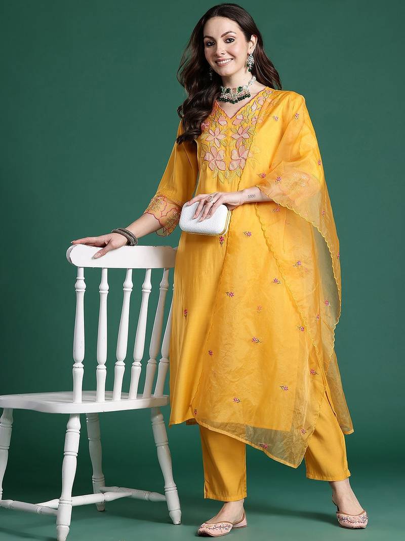 Floral Embroidered Thread Work Kurta with Trousers & With Dupatta