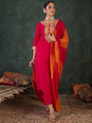 Floral Yoke Design Round Neck Zari Straight Kurta With Trousers & Dupatta 1