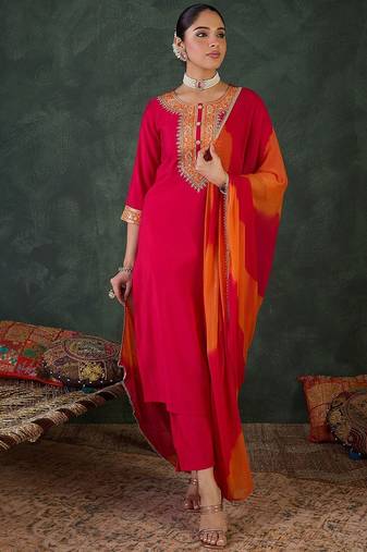 Floral Yoke Design Round Neck Zari Straight Kurta With Trousers & Dupatta