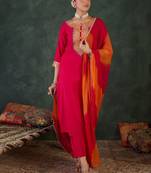 Floral Yoke Design Round Neck Zari Straight Kurta With Trousers & Dupatta