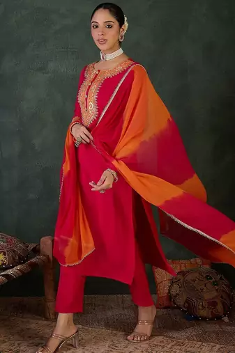 Floral Yoke Design Round Neck Zari Straight Kurta With Trousers & Dupatta