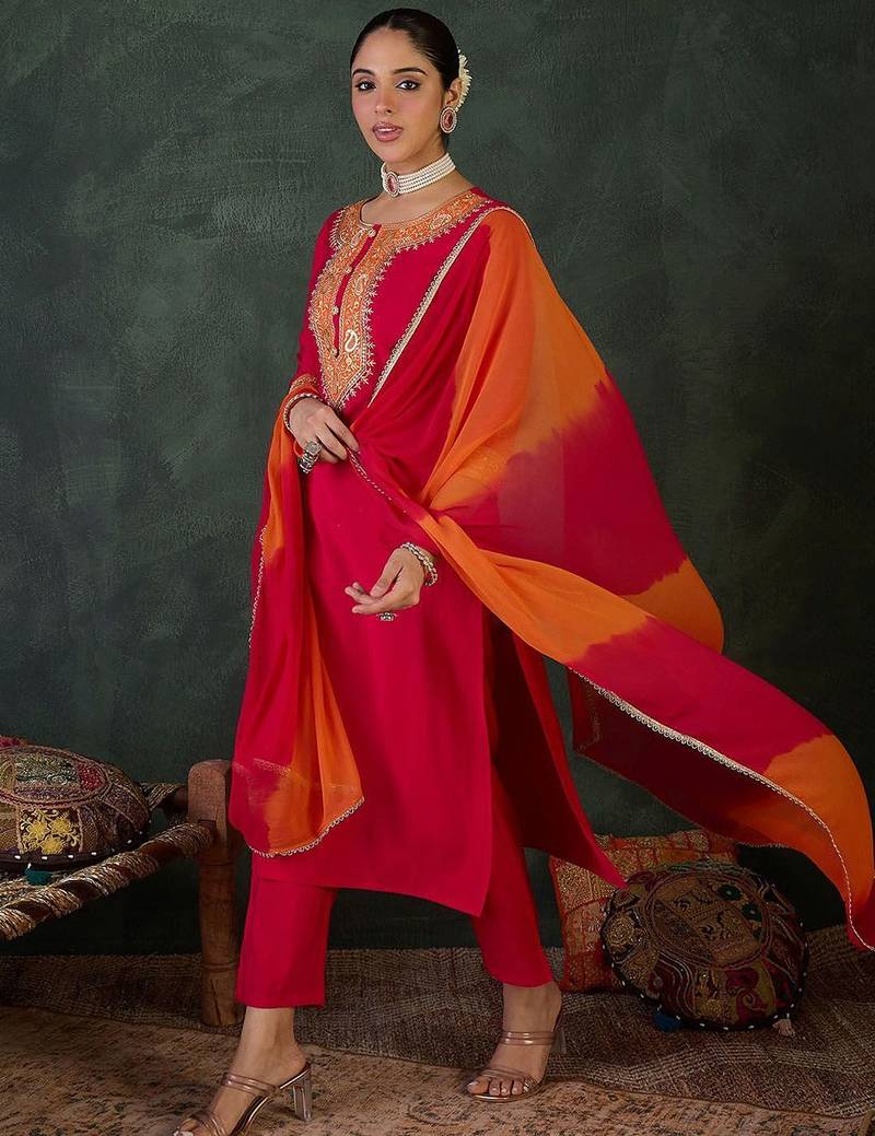 Floral Yoke Design Round Neck Zari Straight Kurta With Trousers & Dupatta