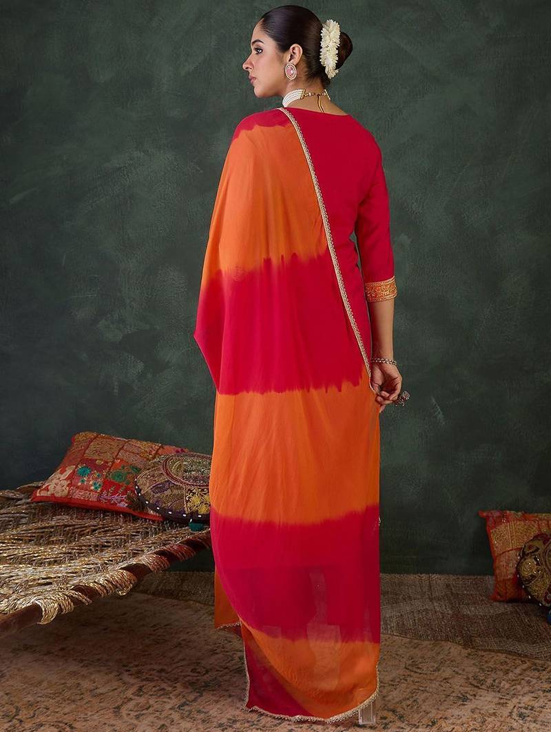 Floral Yoke Design Round Neck Zari Straight Kurta With Trousers & Dupatta