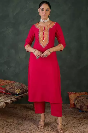 Floral Yoke Design Round Neck Zari Straight Kurta With Trousers & Dupatta