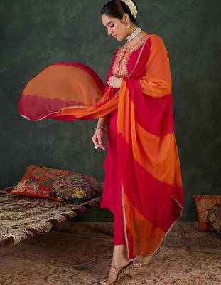Floral Yoke Design Round Neck Zari Straight Kurta With Trousers & Dupatta 6