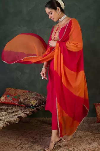 Floral Yoke Design Round Neck Zari Straight Kurta With Trousers & Dupatta