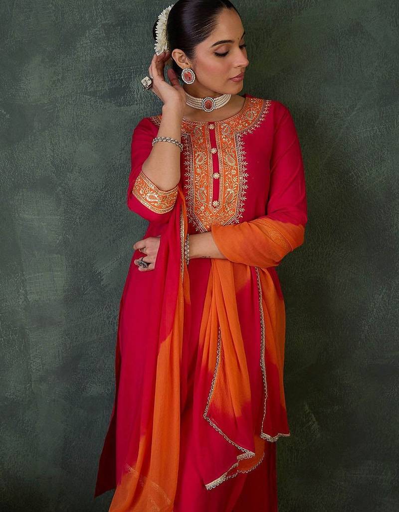 Floral Yoke Design Round Neck Zari Straight Kurta With Trousers & Dupatta