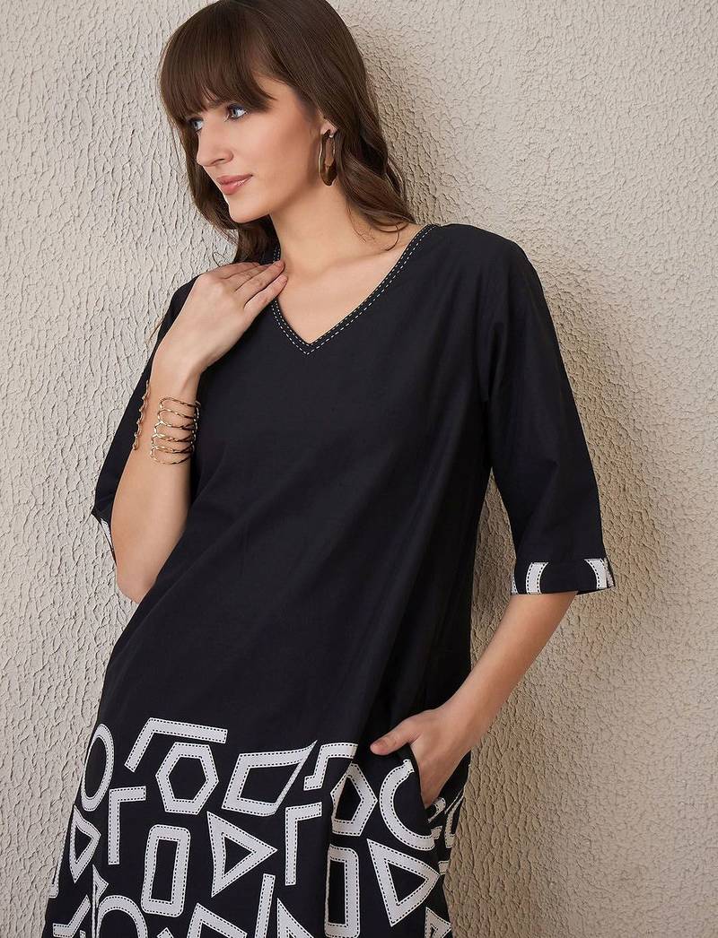 Geometric Printed V-Neck Cotton A-Line Kurta With Palazzos