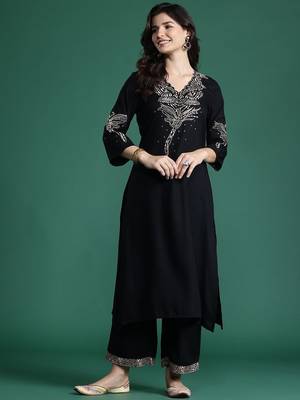 Solid Kurta with Trousers with Embroidered Detail 1