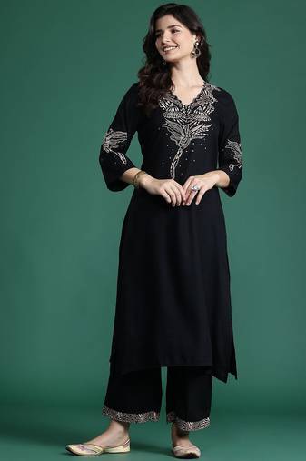 Solid Kurta with Trousers with Embroidered Detail
